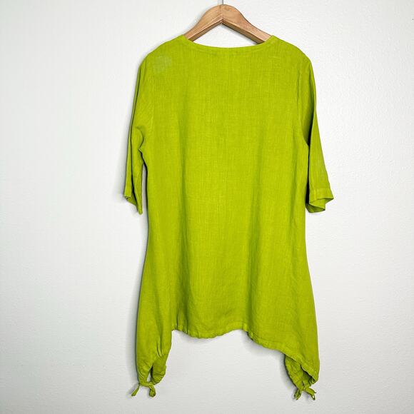 Brynn Walker Lime Green 100% Linen Tie Curved Hem Tunic Top women’s size medium - Picture 11 of 15